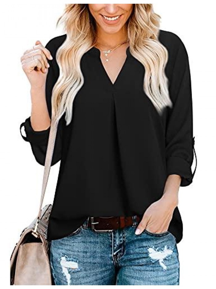 Women's Blouses 3/4 Sleeve Work Shirt Chiffon Tunic Top Office Wear 