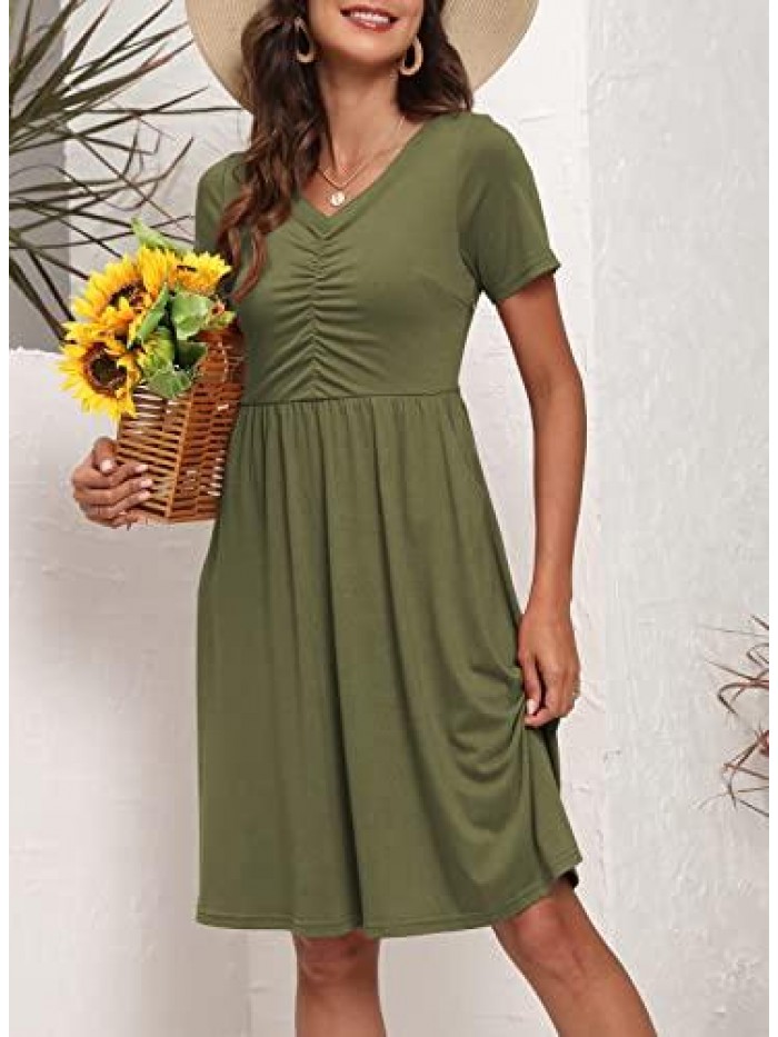 Womens Casual Summer Dress with Pockets Short Sleeve Cotton Sundress Ruched Bust V Neck Flared A Line Dresses 