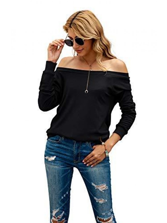 Women's Long Sleeve Boat Neck Off Shoulder Blouse Tops 