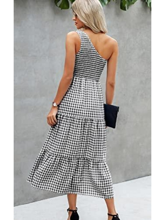 Womens Summer Dress One Shoulder Plaid Dress Elegant Party Ruffled Flowy Dress 