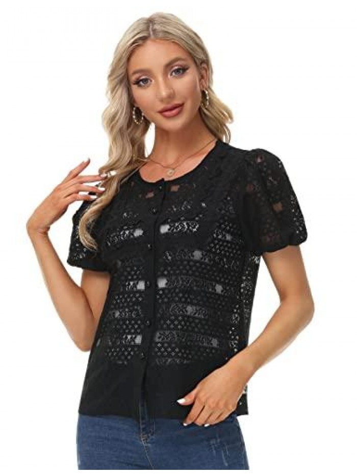 Poque Women Short Sleeve Lace Cardigan Button Up Crochet Shrug Casual Lightweight Vintage Bolero Jackets 