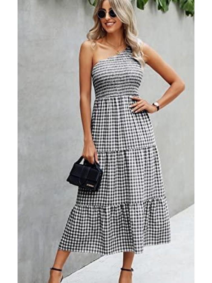 Womens Summer Dress One Shoulder Plaid Dress Elegant Party Ruffled Flowy Dress 