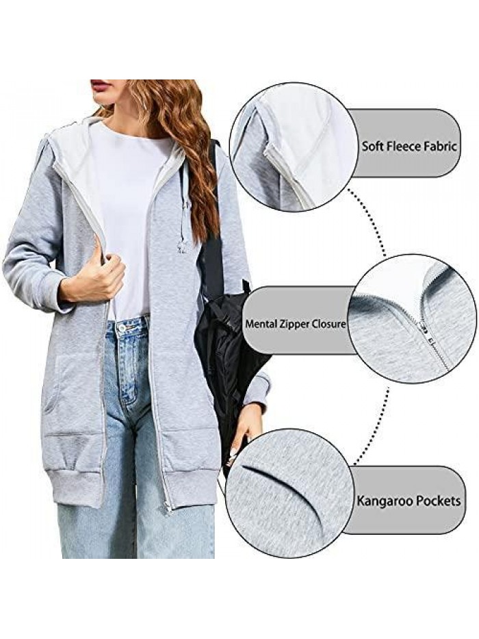 Women Casual Zip Up Hoodies Fleece Tunic Sweatshirt Long Hoodie Jacket with Pockets 