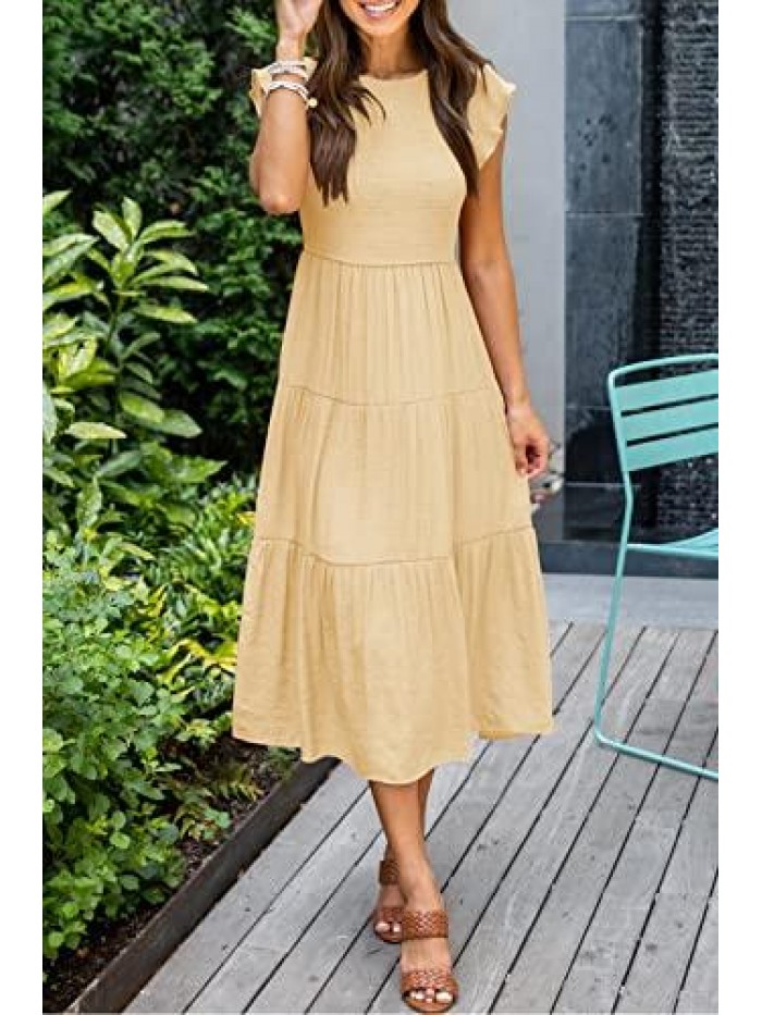 Womens Summer Casual Midi Dress Smocked Crewneck Flutter Short Sleeve Boho Tiered Maxi Dresses 