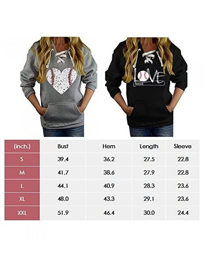 Womens Long Sleeve Sweatshirts Baseball Print Pocket Hoodie Shirts Lace Up V Neck Casual Pullover Tops 