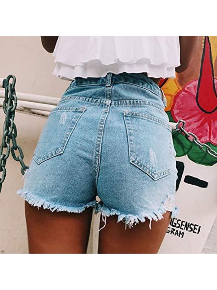 Ripped Solid Denim Jean Shorts High Waisted Stretchy Insert Pockets Casual Short Jeans 