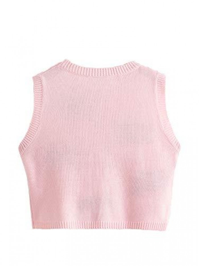 Women's Sleeveless Round Neck Cute Strawberry Sweater Vest Crop Shirt Top 