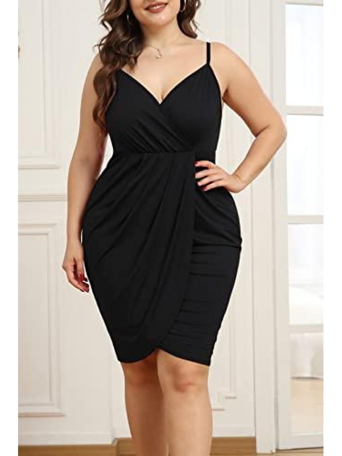 Womens Plus Size Sling Sexy Deep V Neck Bodycon Wrap Dress with Front Slit 