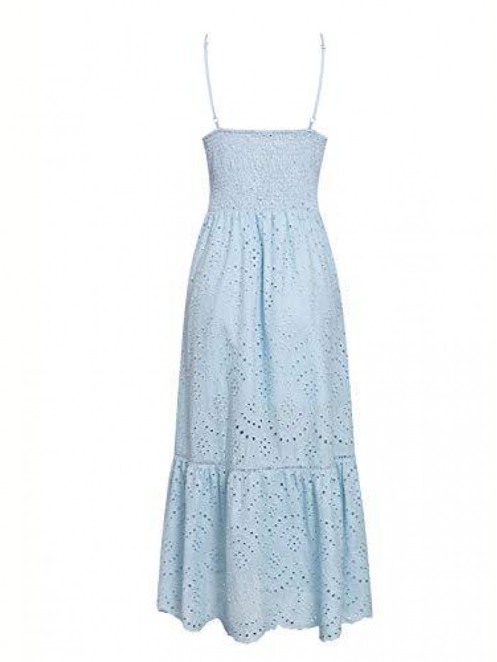 Women's Embroidery Pearl Button Down Dress V Neck Spaghetti Strap Maxi Dress 