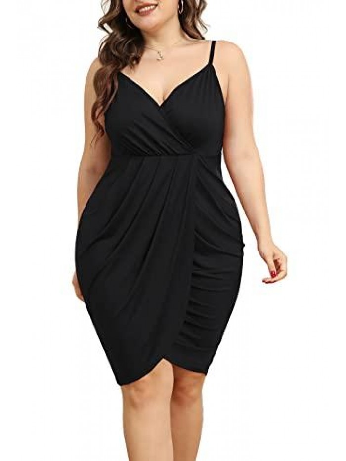 Womens Plus Size Sling Sexy Deep V Neck Bodycon Wrap Dress with Front Slit 