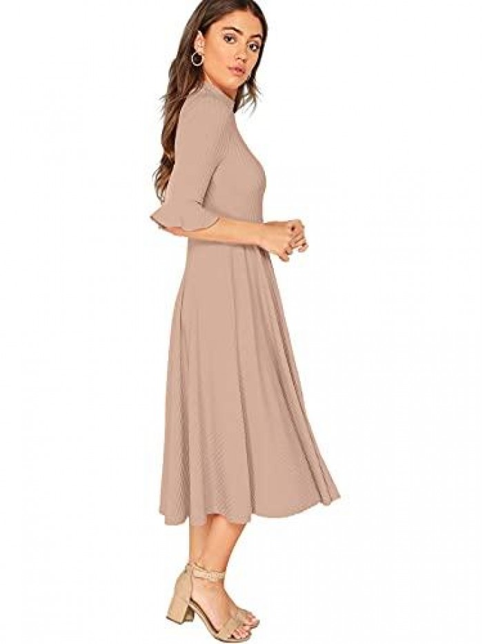 Women's Elegant Ribbed Knit Bell Sleeve Fit and Flare Midi Dress 