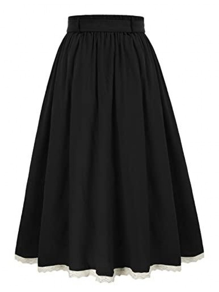 Victorian Skirts with Button Vintage High Waist A-Line Midi Skirts with Pockets & Belts 