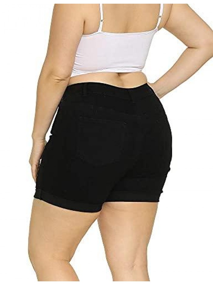 Plus Size Denim Shorts Women High Waisted Ripped Folded Hem Jean Shorts 