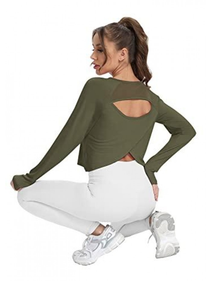 Long Sleeve Workout Crop Tops for Women Open Back Yoga Shirts Athletic Shirts 