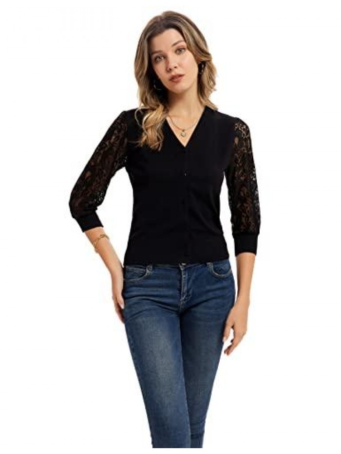 KARIN Women's V Neck Botton up Bolero Shrugs for Dresses Sheer Lace Crochet 3/4 Sleeve Knit Cropped Cardigan Sweater 