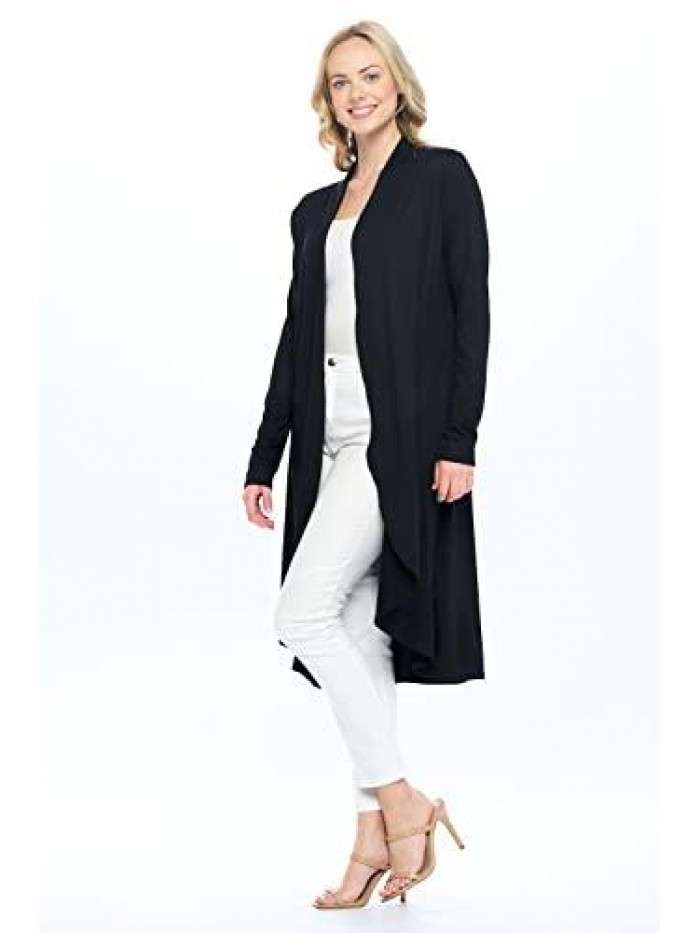 Liev Women's Open Front Curved Round Hem Long Sleeve Extra Long Duster Flowy Drape Cardigan 