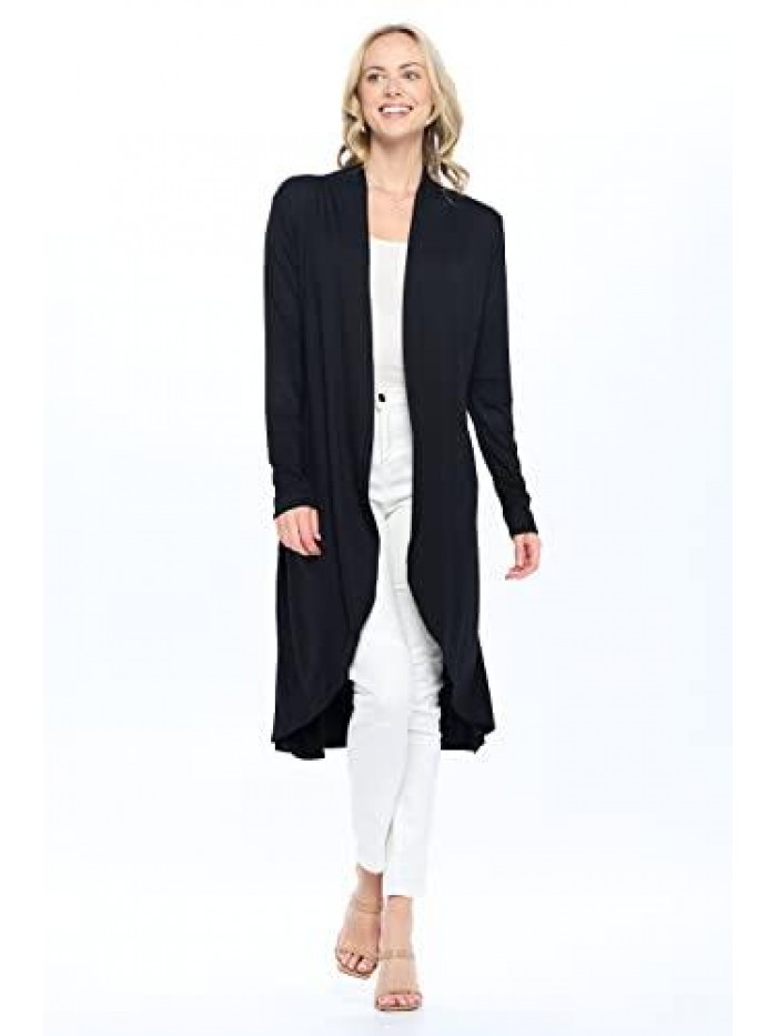 Liev Women's Open Front Curved Round Hem Long Sleeve Extra Long Duster Flowy Drape Cardigan 