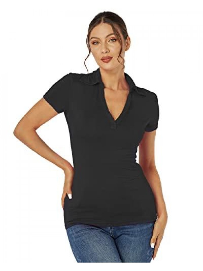 Women's Collared V Neck Short Sleeve Polo Shirt Sexy Casual Office Outdoor Golf Shirts 