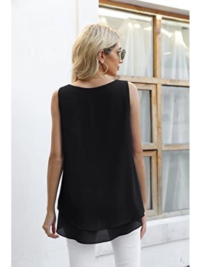 Women's Sleeveless Chiffon Tank Top Double Layers Casual Blouse Tunic 