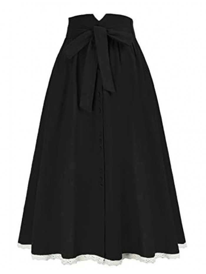 Victorian Skirts with Button Vintage High Waist A-Line Midi Skirts with Pockets & Belts 