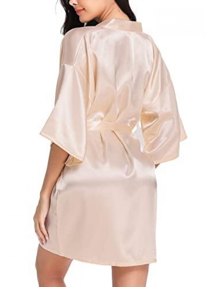 Women's Kimono Robes Short Satin Pure Color Bridal Party Robe with Oblique V-Neck 