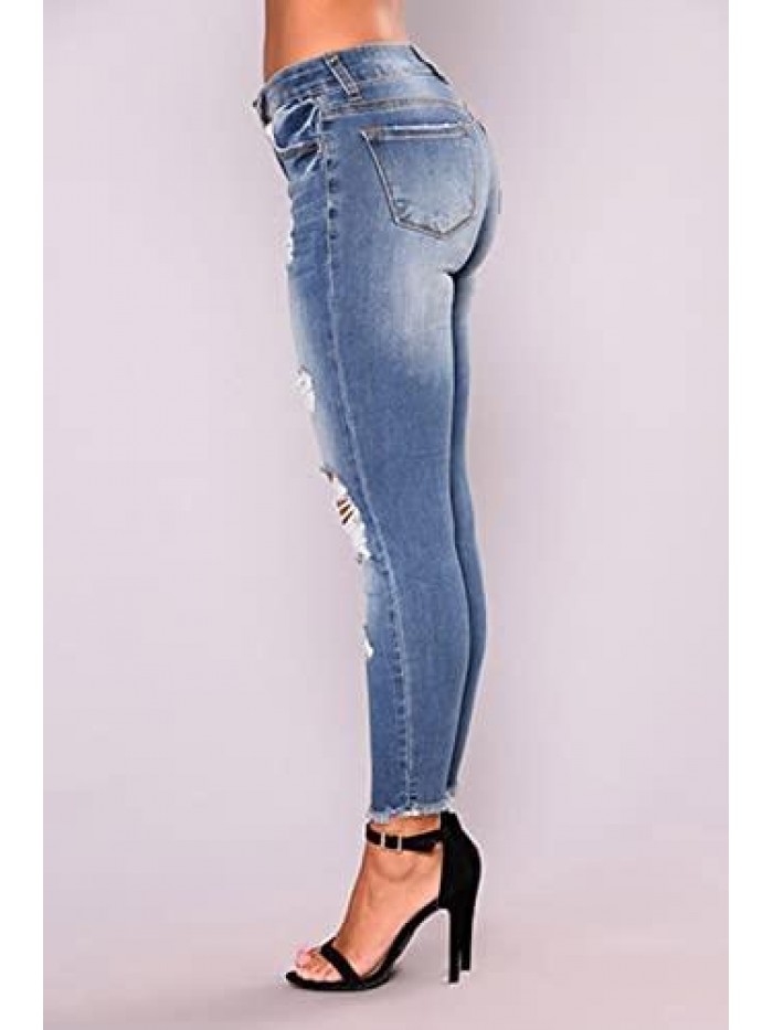 High Waist Skinny Stretch Ripped Jeans Destroyed Denim Pants 