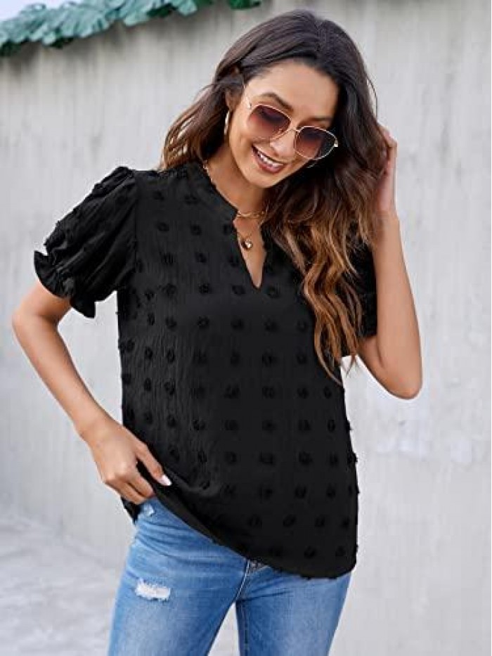 Jelly Womens Puff Sleeve Summer Tops Chiffon Short Sleeve Blouses White V Neck Pom Pom Shirts 