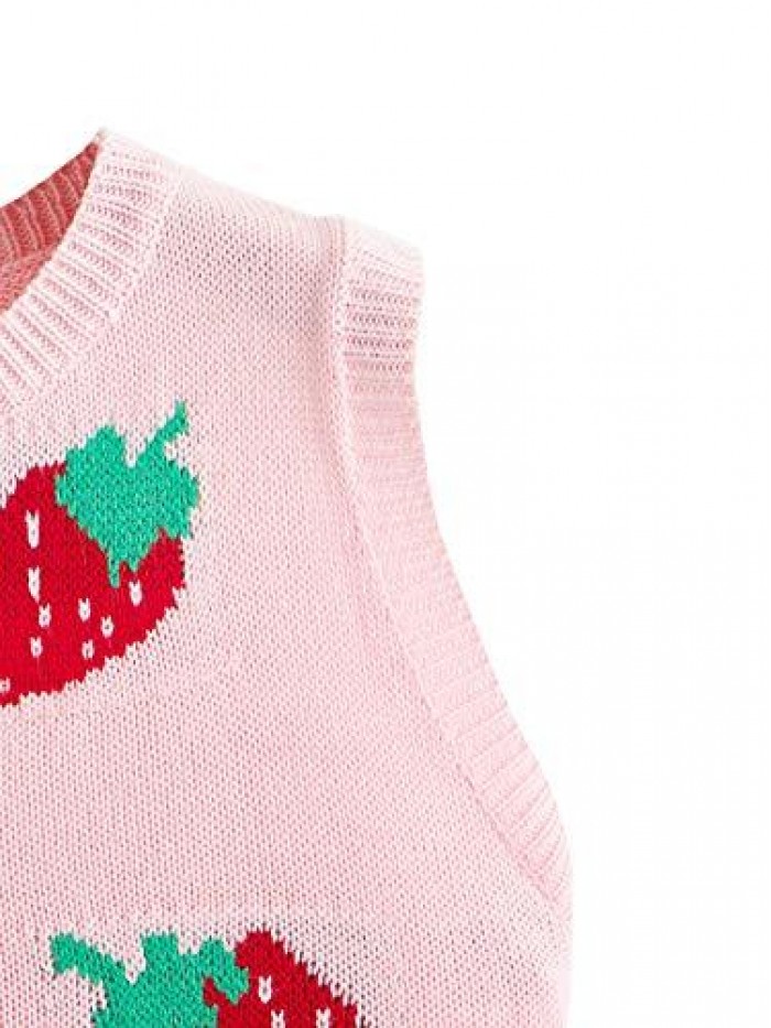 Women's Sleeveless Round Neck Cute Strawberry Sweater Vest Crop Shirt Top 