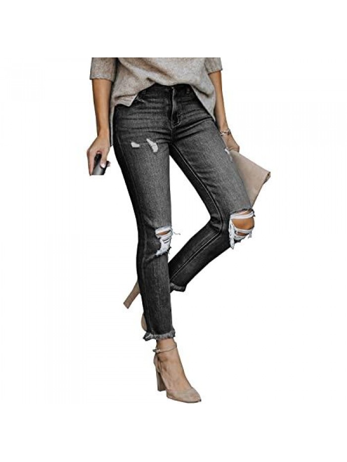 Womens Ripped Boyfriend Jeans high Waisted Straight Leg Distressed Stretch Denim Ankle Pants 