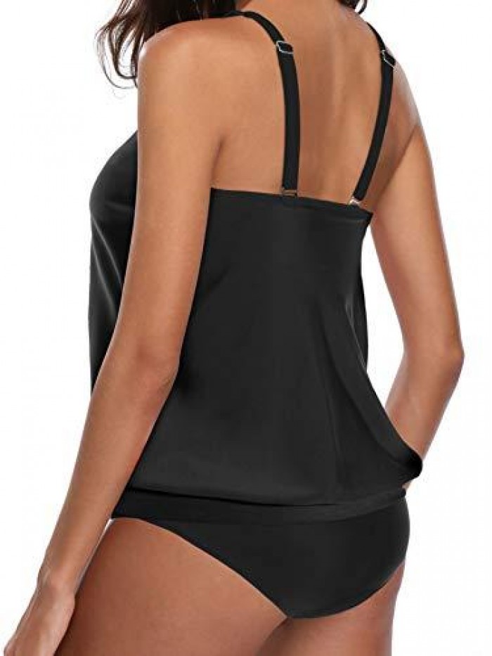 Blouson Tankini Swimsuits for Women Modest Bathing Suits Two Piece Loose Fit Swimwear 