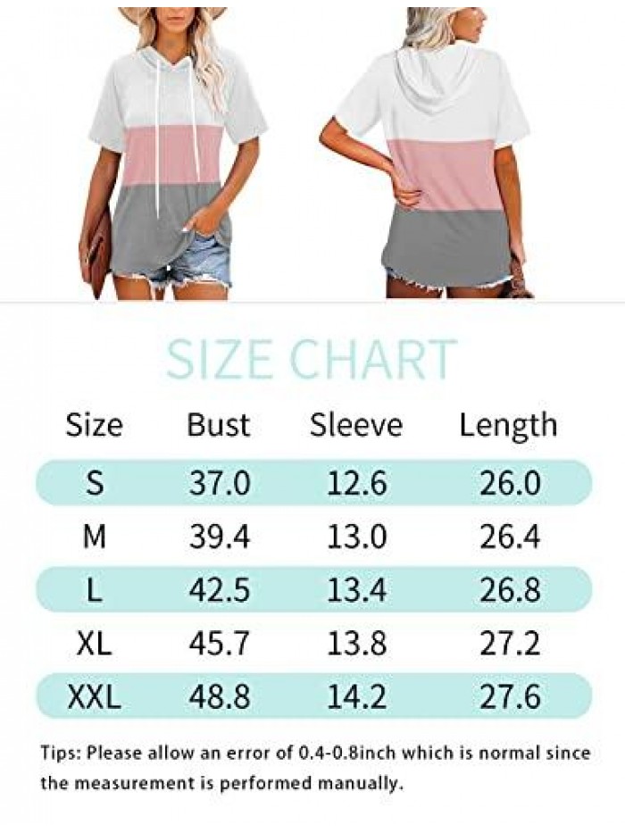 Women's T Shirts Color Block Tops Short Sleeve Hoodies Summer Casual Tees 