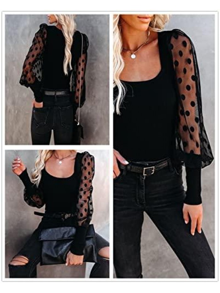 Womens Round Neck Polka Dot Mesh Lace Long Sleeve T Shirts Crewneck Puff Sleeve Tops Blouses 