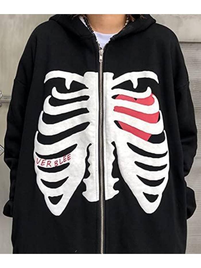 Women Oversized Zip Up Hoodie Fashion Long Sleeve Graphic Skeleton Sweatshirt Cool Outwear 