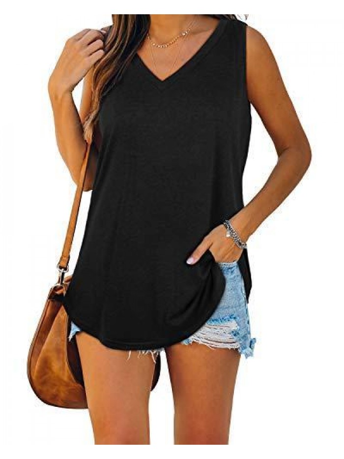 Womens Tank Tops V Neck Basic Solid Color Casual Flowy Summer Sleeveless 