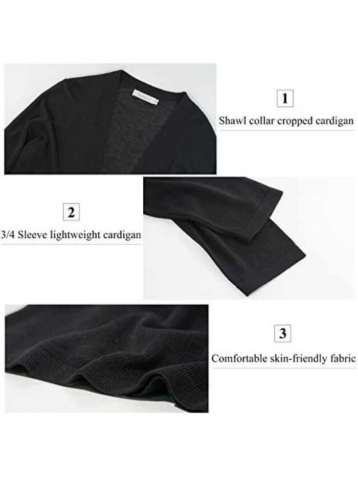 Women's 3/4 Sleeve Shrugs Lightweight Open Front Cropped Cardigan for Women 