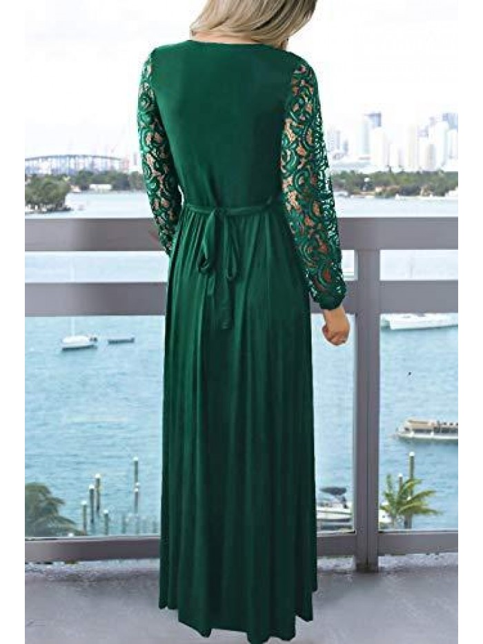 Womens Vintage Floral Lace Long Sleeve Faux Wrap V Neck Party Long Maxi Dress 