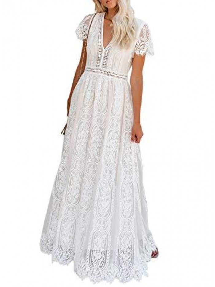 Womens Casual Boho Floral Lace V Neck Long Evening Dress Cocktail Party Maxi Wedding Dresses 