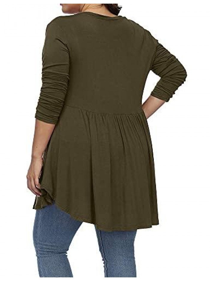 Women's Plus Size Henley V Neck Button Tunic Tops Long sleeve Swing Flowy Shirts 