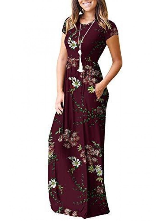 Women's Short Sleeve Loose Plain Maxi Dresses Casual Long Dresses with Pockets 