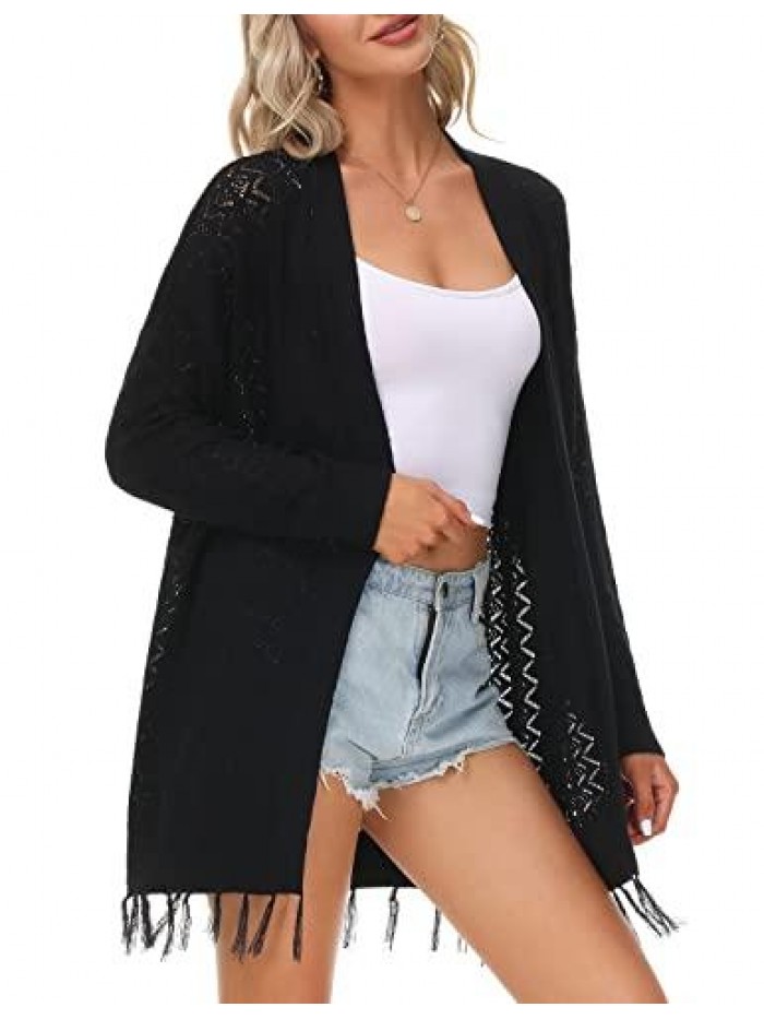 Lightweight Summer Cardigan Long Sleeve Spring Netted Crochet Knit Cardigans Tassel Sweaters 