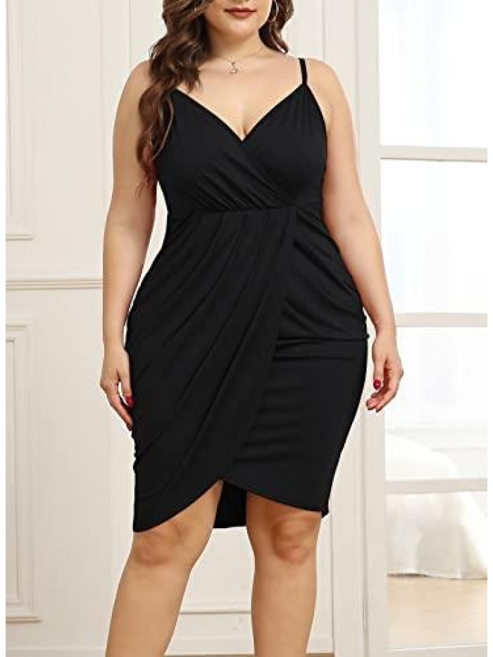 Womens Plus Size Sling Sexy Deep V Neck Bodycon Wrap Dress with Front Slit 