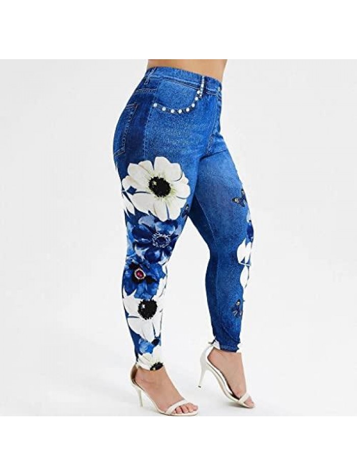 Leggings for Women Floral Denim Print Plus Size Yoga Pants Stretch Jean High Waist Fake Jeans Tights Jeggings Pants 