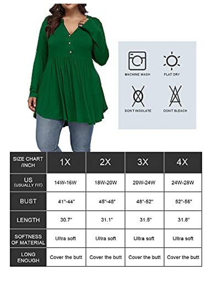 Women's Plus Size Henley V Neck Button Tunic Tops Long sleeve Swing Flowy Shirts 