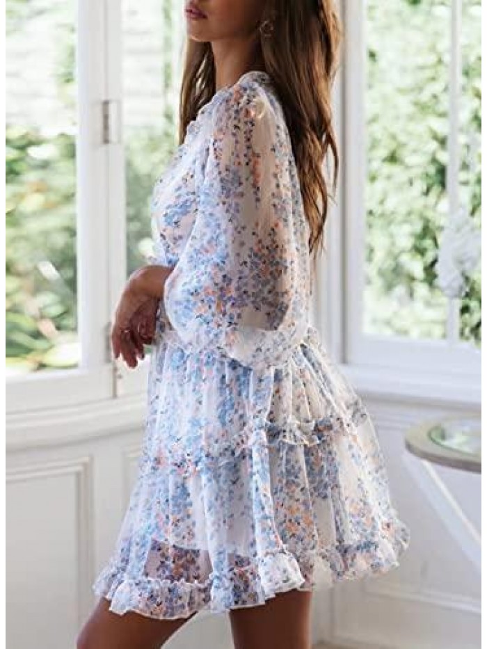 Womens Spring Summer Deep V Neck Ruffle Long Sleeve Floral Print Mini Dress 