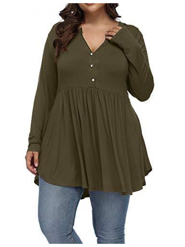 Women's Plus Size Henley V Neck Button Tunic Tops Long sleeve Swing Flowy Shirts 