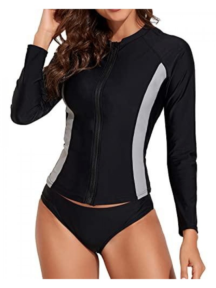 2 Piece Rash Guard for Women Long Sleeve Swimsuits Zip Front Swim Shirt UPF 50+ 