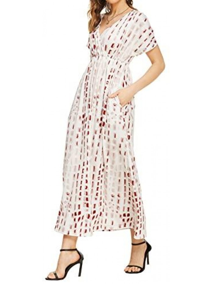 Women's Summer Casual Floral Dress V-Neck Short Sleeve Long Maxi Dress with Pockets 