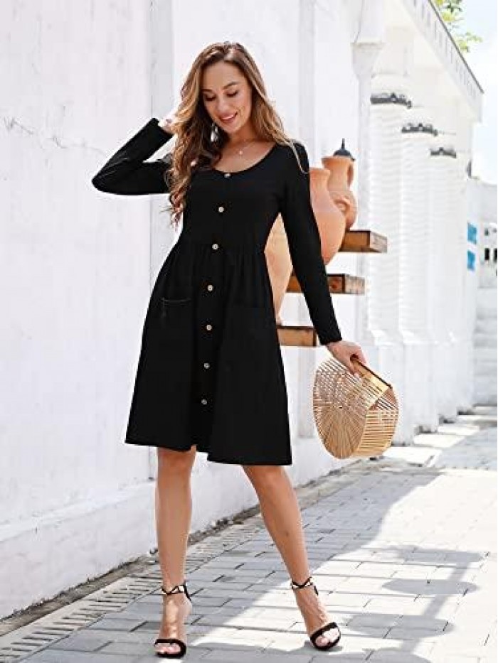 Women's V Neck Button Down Skater Dress with Pockets 