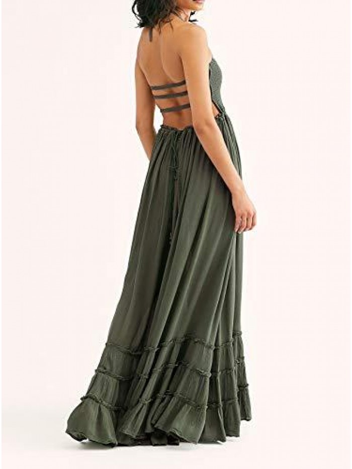 Womens Summer Cotton Sexy Backless Long Dresses 