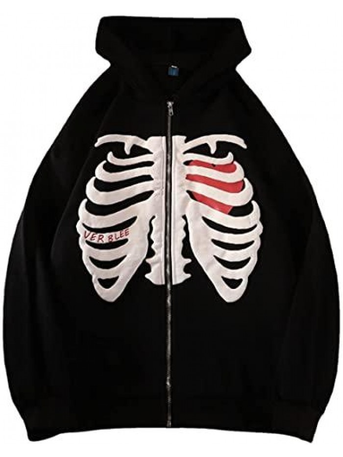 Women Oversized Zip Up Hoodie Fashion Long Sleeve Graphic Skeleton Sweatshirt Cool Outwear 